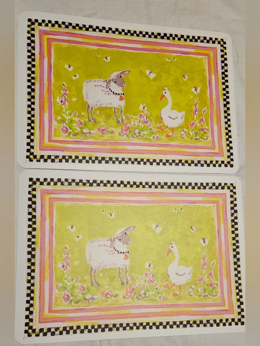 MacKenzie Childs Toddlers kids Placemats Pink With Courtly Check Set sheep goose